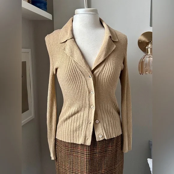 Tan Ribbed Button-Up Cardigan - Picture 1 of 3